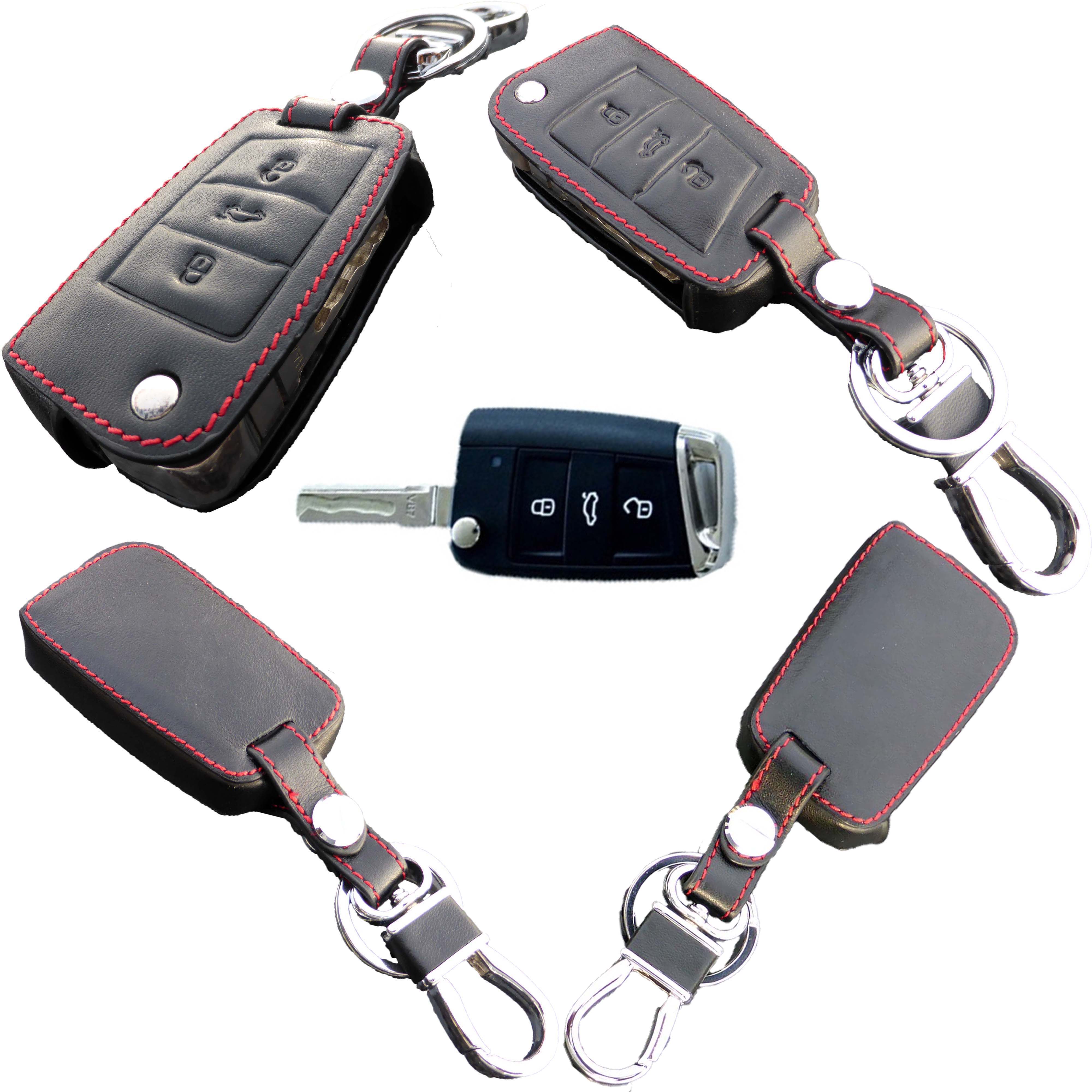 Leder Schlüsseletui passend für VW / Audi Autoschlüssel schwarz / rote Naht
