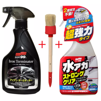 Soft99 Iron Terminator Felgenreiniger 500ml + Stain Cleaner Lackreiniger 500ml + Pinsel